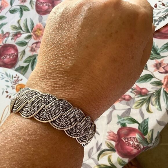 STERLING SILVER 925 SOLID WIDE BRADED WOMAN BRACELET - Picture 5 of 10